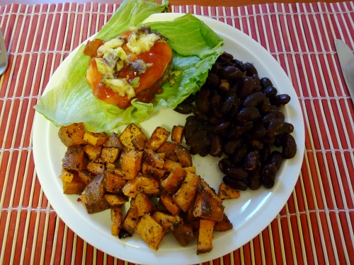 bunless pork burgers, chipotle beans & roast yams