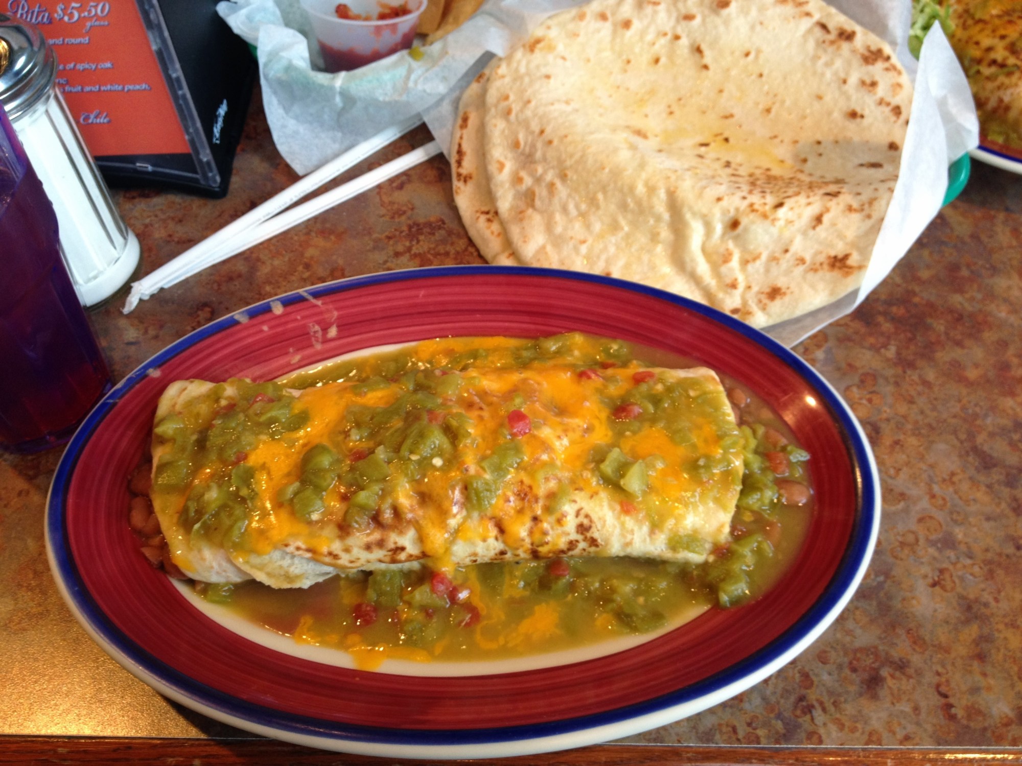 green chile burrito at duran's station, albuquerque
